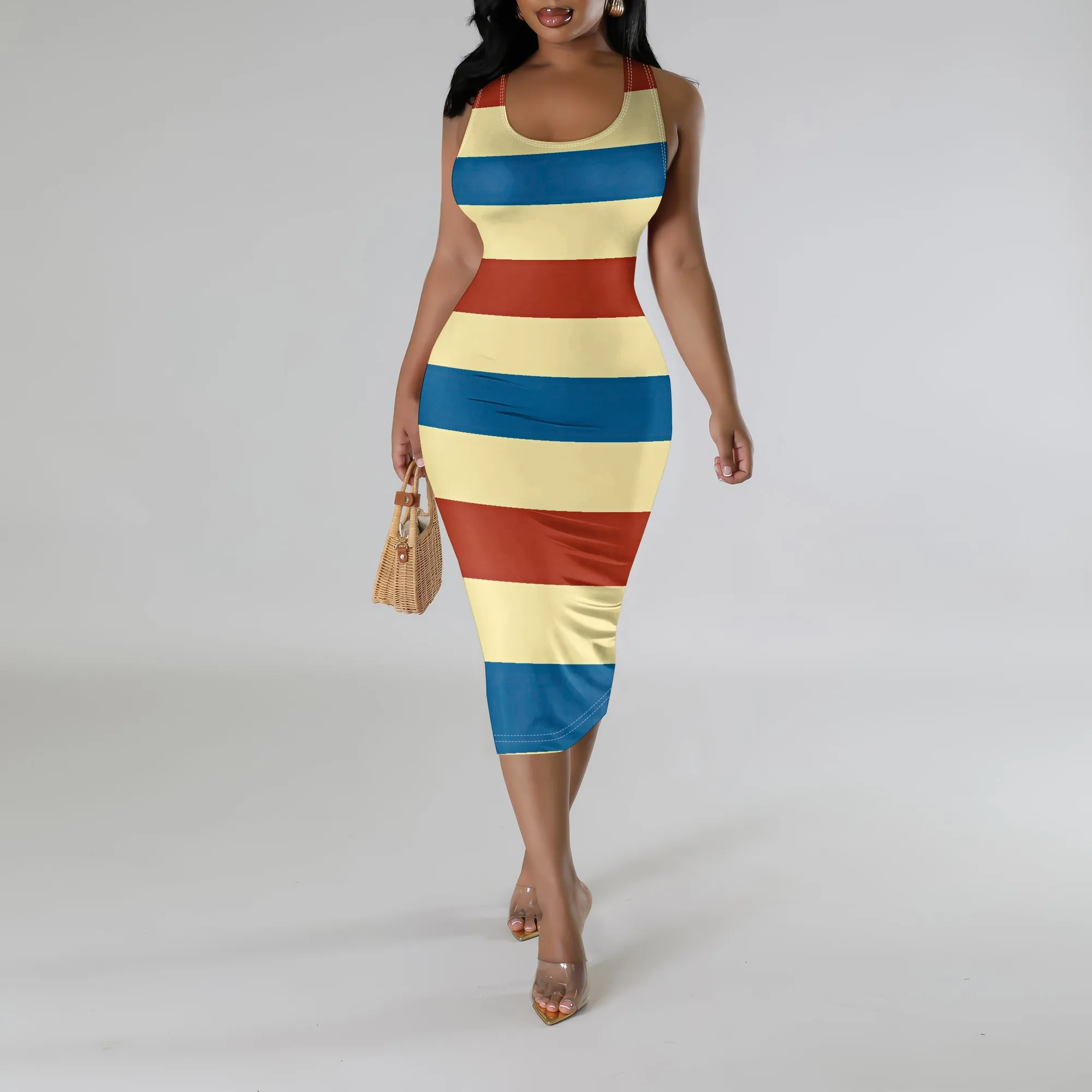 

Women's Striped Bodycon Midi Dress S-3XL Red White Blue Sleeveless Tank Summer Patriotic Party Beach Casual Slim Fit