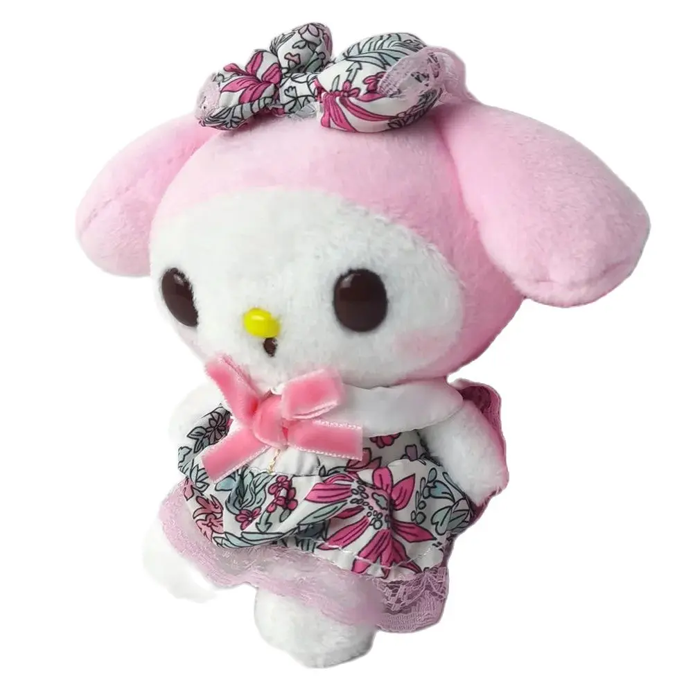 Sanrio My Melody Melo Rabbit con falda floral, juguete de peluche colgante de 5 ", llavero de película de dibujos animados, cuerda, Animal relleno, anillo para bolso de teléfono