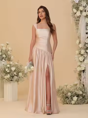 Women's Suqare Neck Satin Bridesmaid Dresses with Slit Asymmetrical Drop Waist Formal Evening Dress