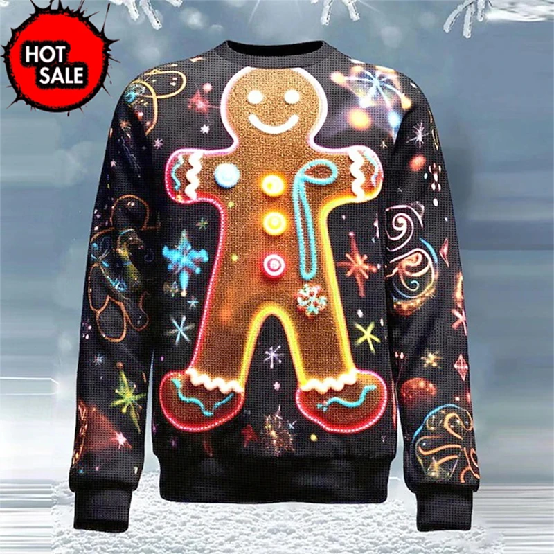 Gingerbread Man 3D Printing Sweatshirts Men Happy Christmas Graphic Round Collar Pullover Hoodies Funny Ugly Christmas Sweater