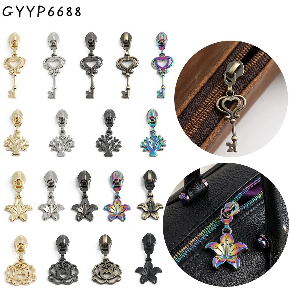 10/40/100PCS Flower,Hollow Rose,Key Shape 5# Zipper Slider Heads For Nylon Zippers Tape Jacket Bags DIY Shoe Handbag Accessories