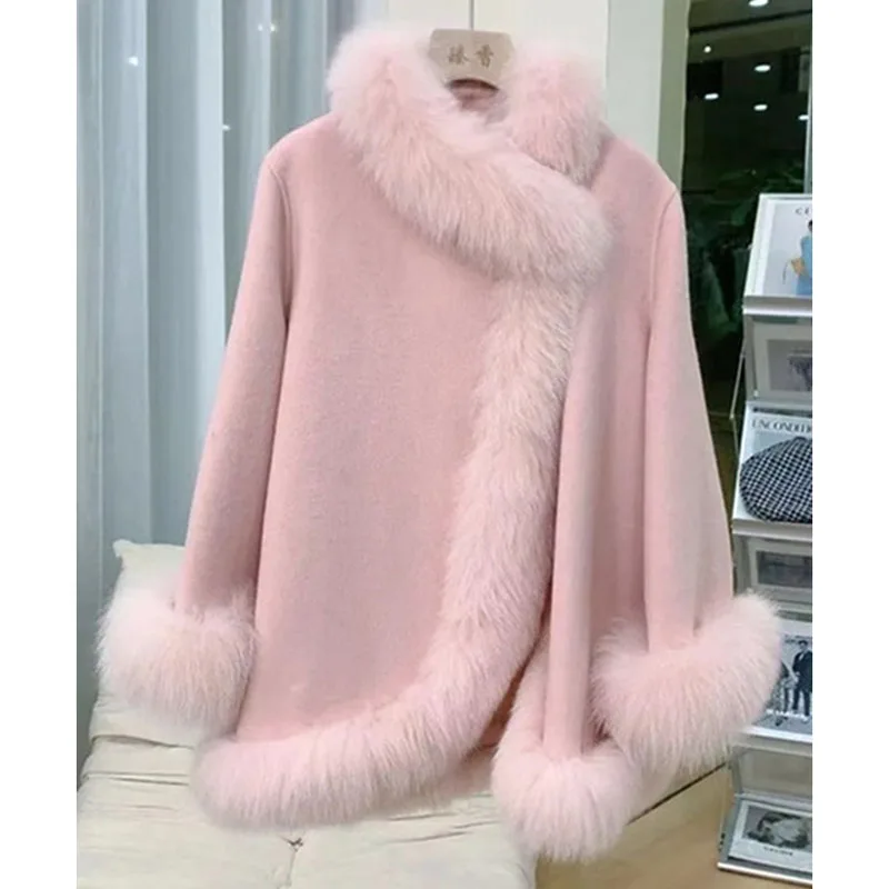 New Autumn Winter Imitation Fox Fur Shawl Women Overcoat Loose Length Double-Sided Woolen Cloak Thicke Coat Female Outwear Parka