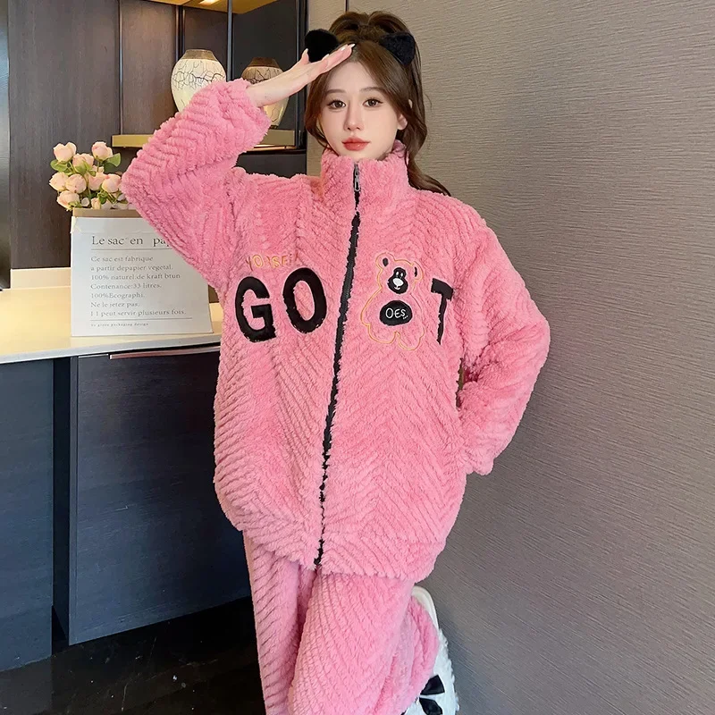 5XL Plus Size Coral Fleece Pajamas Set Women Winter Warm Thickened Loungewear Korean Zipper Cardigan Long Sleeved Home Clothes