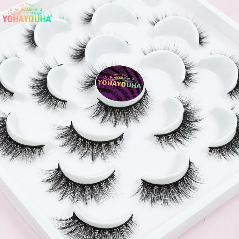 

YOHAYOUHA 10 Pair 12mm Thick Fluffy Cat Eye Wispy 3d False Lashes Cotton Band Mink Effect Soft Winged Makeup Maquillaje Coreano