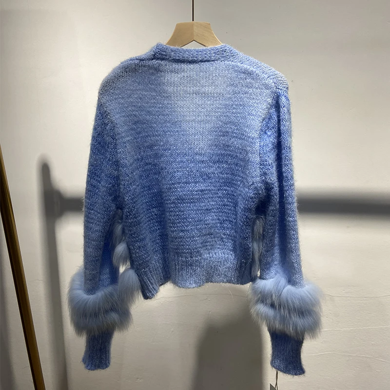 Women Thin Real Fox Fur Outside Decoration Lady's Fashion Autumn Sweater Knitted Single Breasted Coat