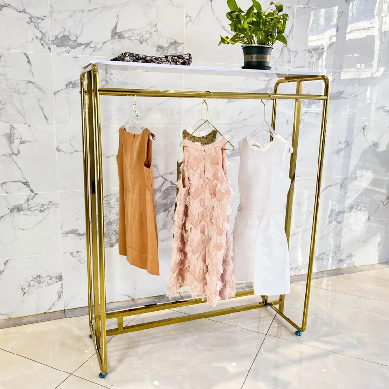 

customized.Wholesales Floor Double Clothes Hanging Rail Stand Shelves Metal Frame Garment Stand Middle Stores Clothing