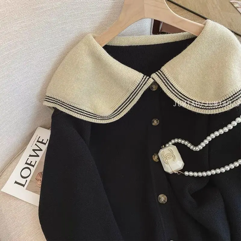 Kimotimo Contrast Color Sailor Collar Sweater Coat Women French Preppy Style Loose Long Sleeve Cardigan Retro Office Knitted Top