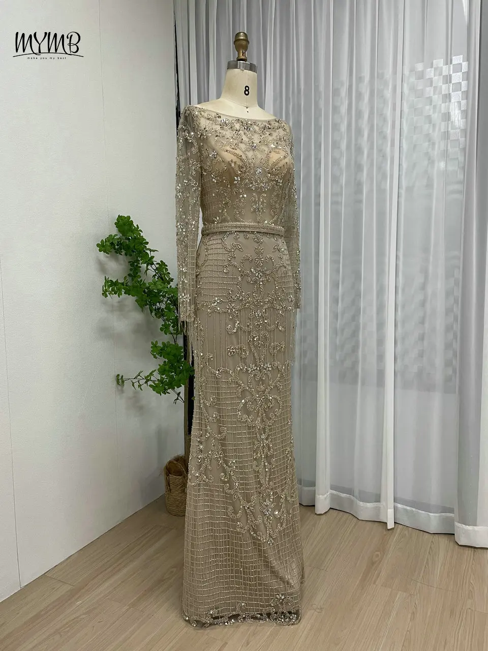 MYMB Dubai Caramel Scoop Neck Long Sleeves Evening Wedding Guest Dresses Elegant Mermaid Beaded Party Gowns vestidos de fiesta