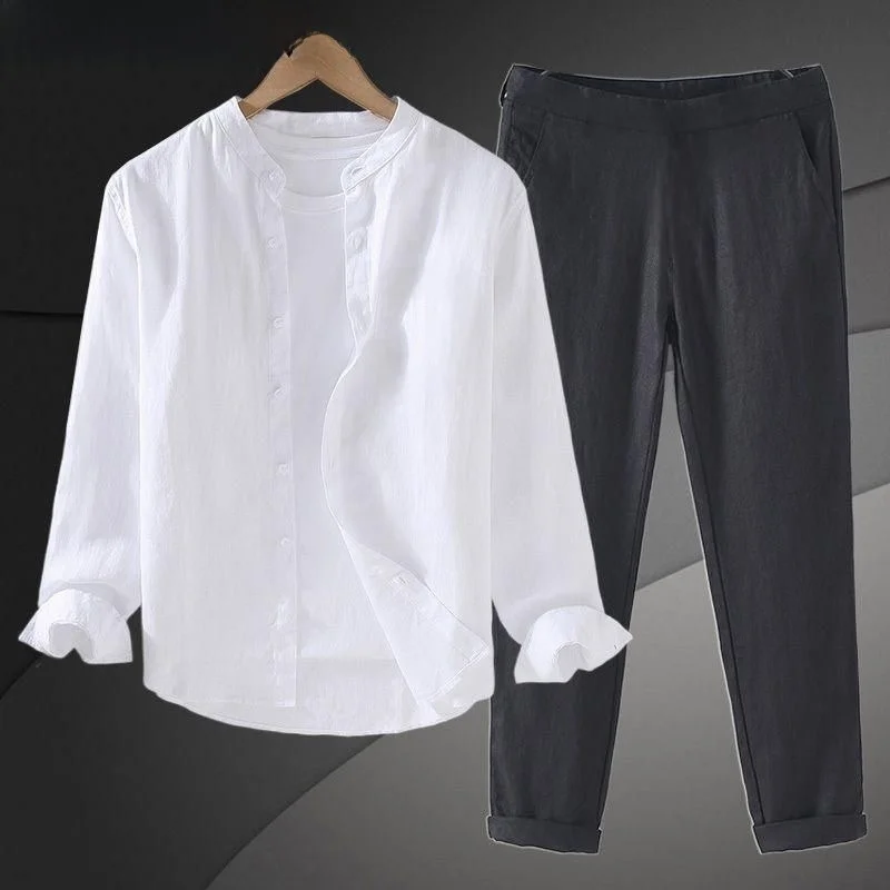 

Cotton Linen Loose Fit Casual Shirt Long Sleeve Thin Summer Spring Autumn Set Men's White Shirt And Pants Breathable Comfortable