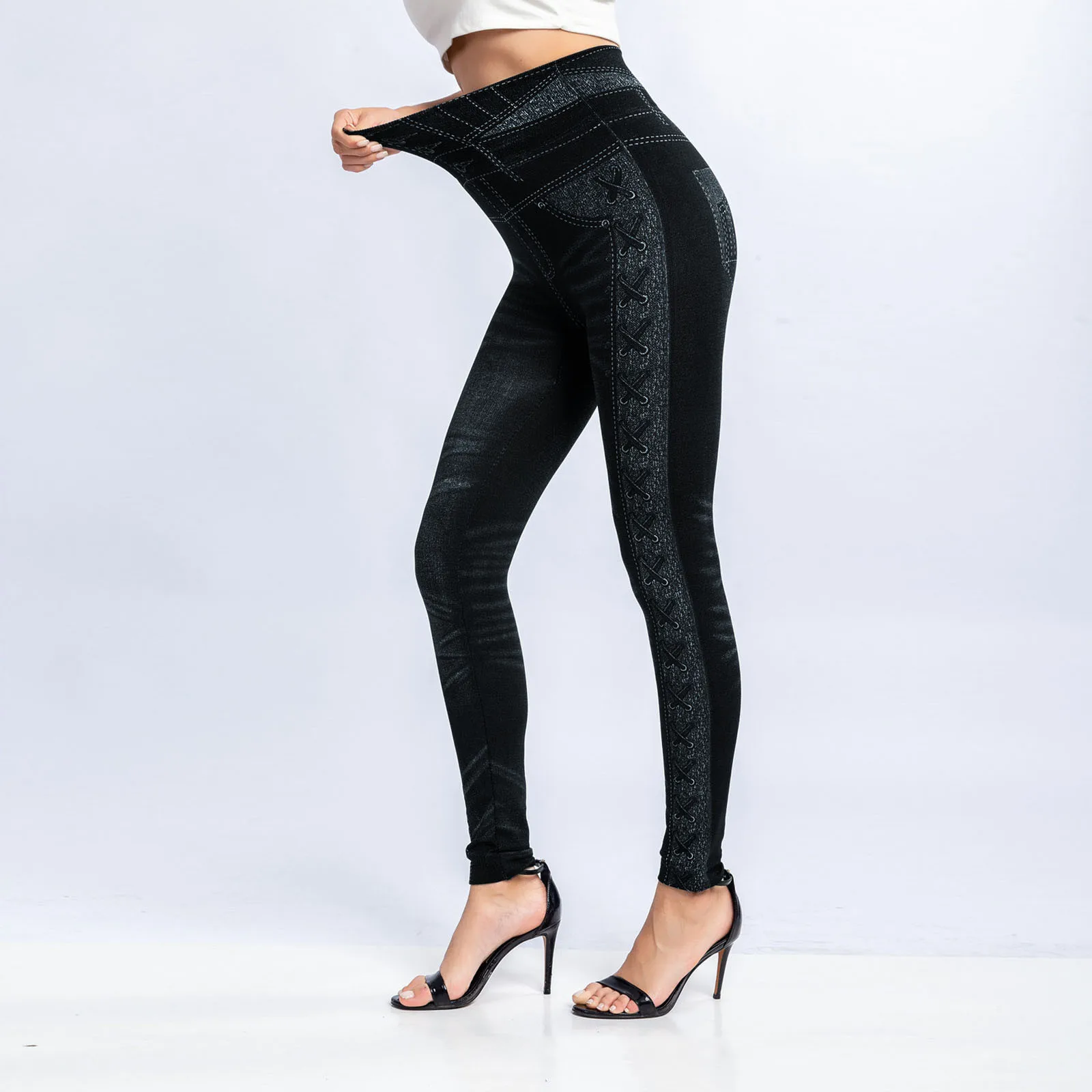 Celana legging Jeans wanita, Jeans elastis musim dingin motif garis imitasi pinggang tinggi Vantage sweatpantalon Fitness