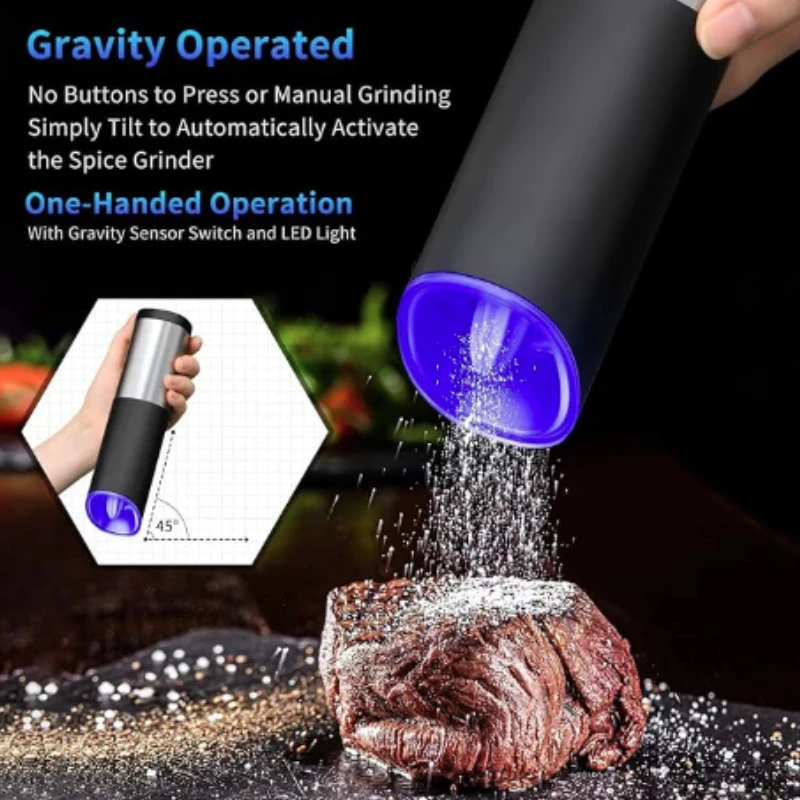 

Stainless Steel Electric Pepper Grinder With LED Light Adjustable Coarseness Gravity Salt Grinders Kitchen Spice Mills BBQ Tools