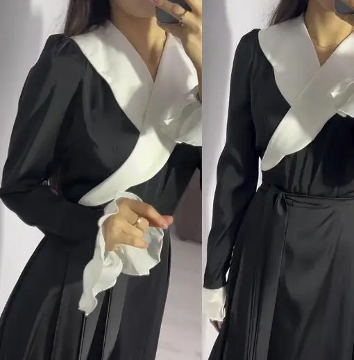 

French Dress Women Temperament Ruffled Collar Black & White Contrasting Women's Long Sleeve High Waits Elegant Slim Dresses