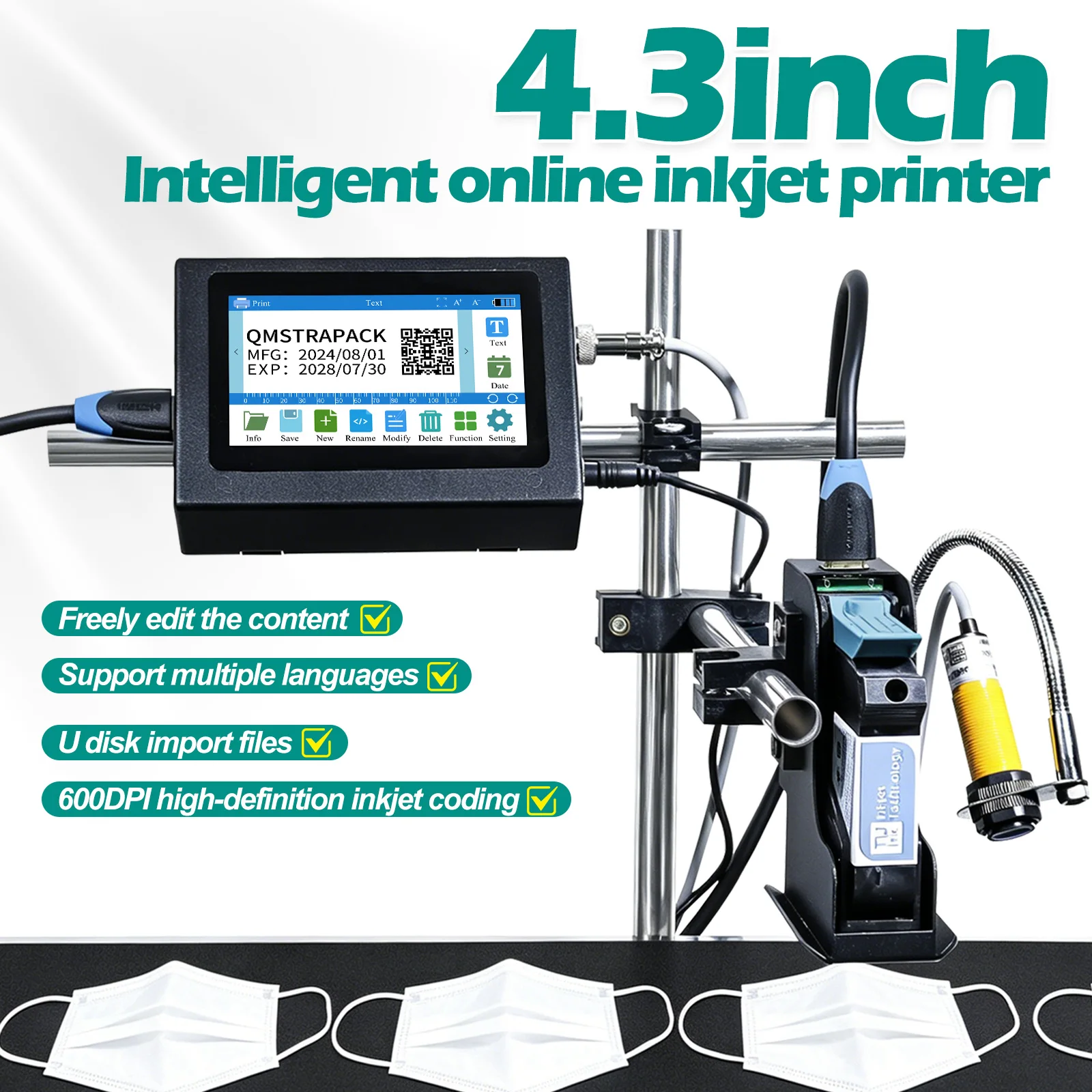 4.3\'\' Industrial Online Inkjet Printer 12.7/25.4mm for QR Barcode Batch Number Logo Expiry Date Coding Machine (No Cartridge)