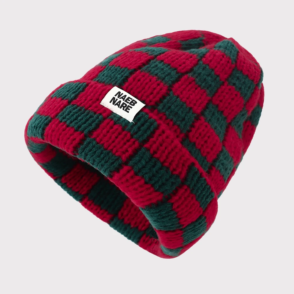 2023 New Checkered Beanies for Women Korean Style Big Head Thickened Warm Cover Plaid Knitted Ski Beanie Hats Gorras Para Mujer