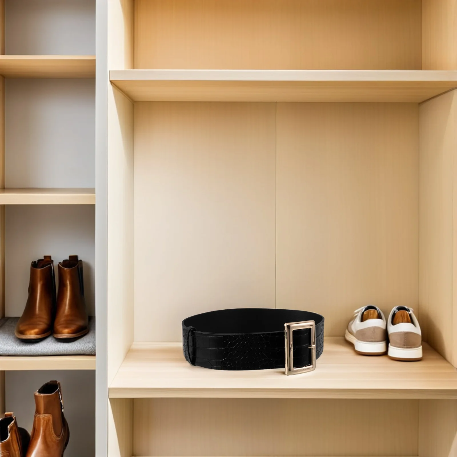 

Women'S Wide Belt Black Faux Square Buckle Elegant Waistband For Business Evening Events Ladies Vintage Body Corset Belt