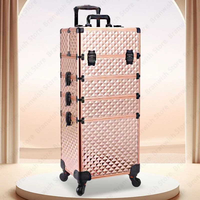 Beauty Professional Rolling Makeup Case Manicure Makeup Organizer Travel Trolley Cosmetic Train Case Rose Gold Makeup Carrier