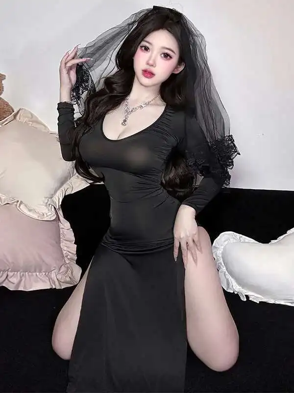 فستان طويل مثير عميق الخامس عالية الخصر الشق منظور شيونغسام الاجتماعية ملهى ليلي نمط فستان أنيق ساحر لعوب الساخن ERVC #3