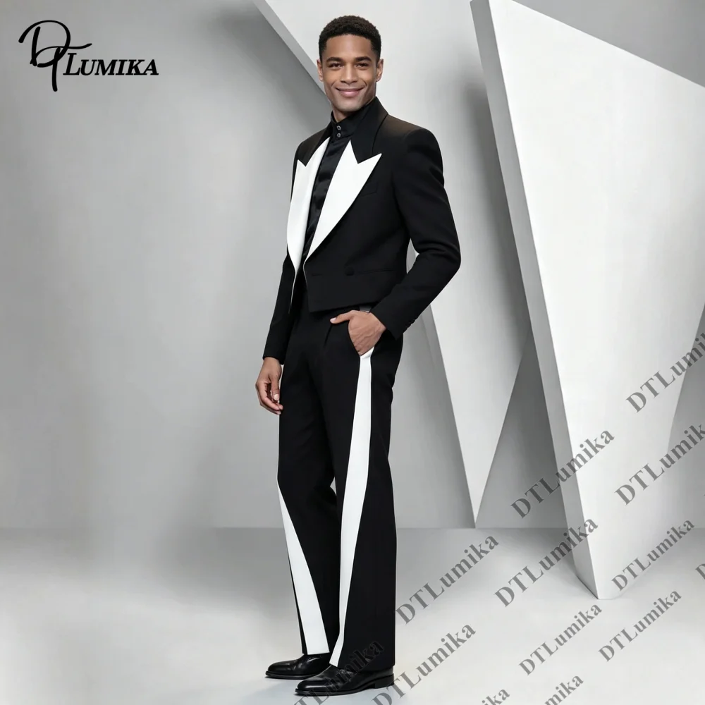 Modern Stylish Black White Contrast Men 2 Piece Suit Cropped Blazer Pants Fashion Formal Wedding Prom Party Stage Show Outfit