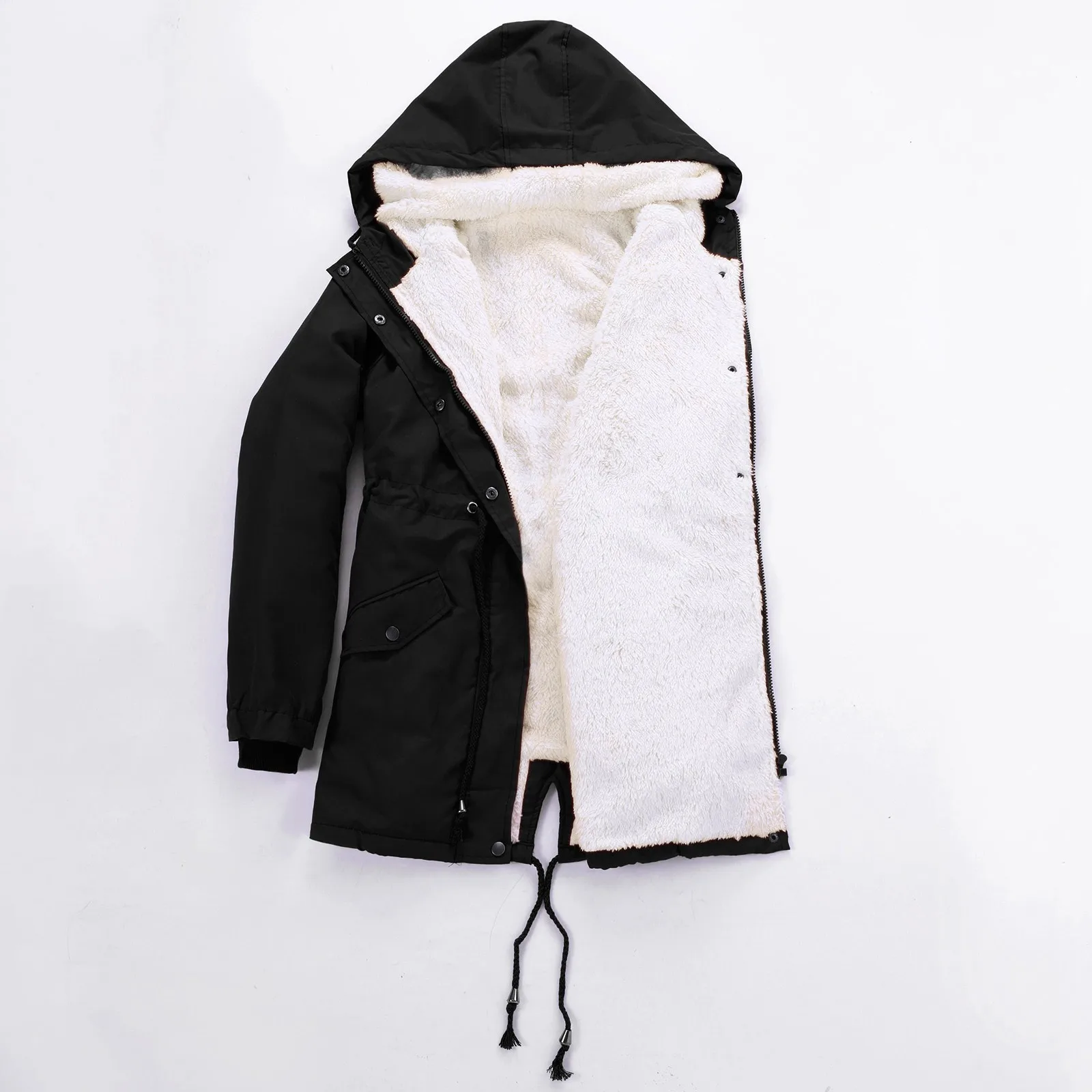 Fashion Drawstring Inside Fleece Padded Hoodie Coat Women Winter Warm Slim Zipper Jacket Hooded Solid Color Casual Coats