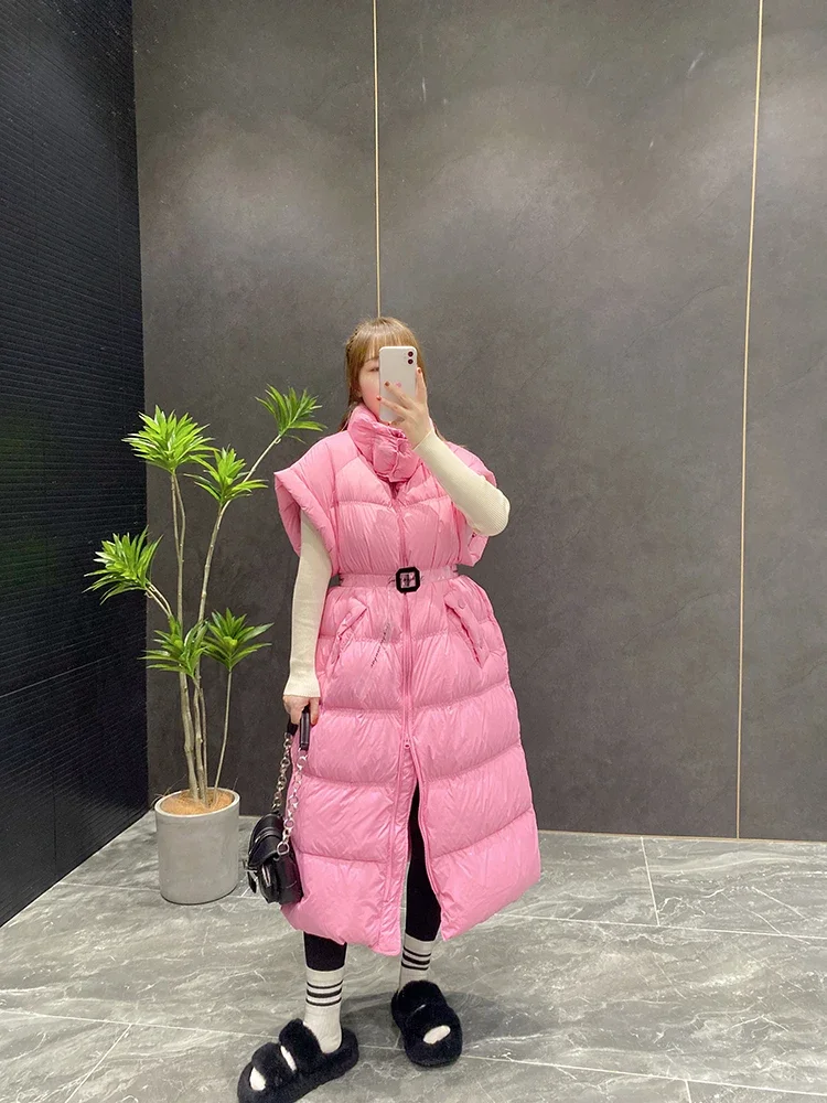 2024 inverno novo rosa longo para baixo colete feminino solto com cinto batwing manga gola em linha reta para baixo casaco moda coreana outwear