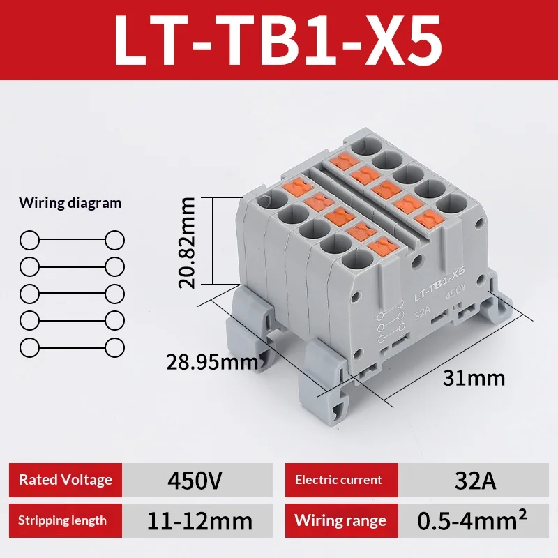 Push-in-Klemmenblock, Mehrfach-Ein- und Ausgangsklemme, Schnellverbindung von Drähten, DIN-Schienen-Kabelverbinder, Universelle Anschlussdose TB1-X6D