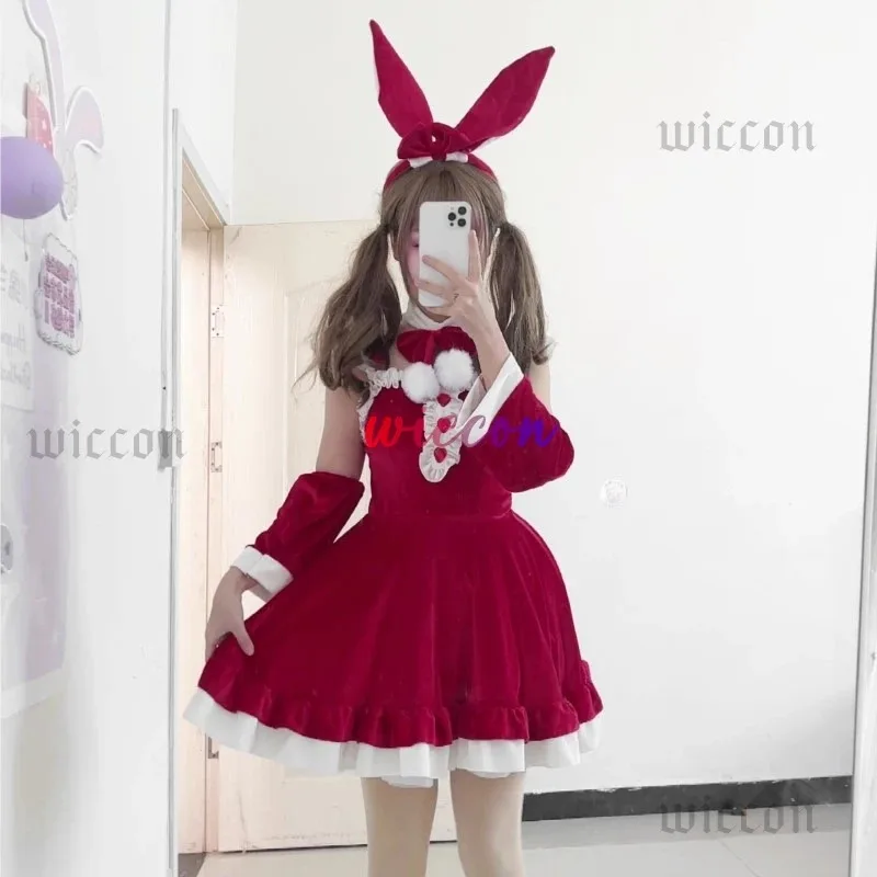 

NewSweet Lolita Bunny Girl Halloween Christmas Cosplay Costume Japanese Anime Pink Maid Lingerie Soft Velvet Rabbit Roleplay Out