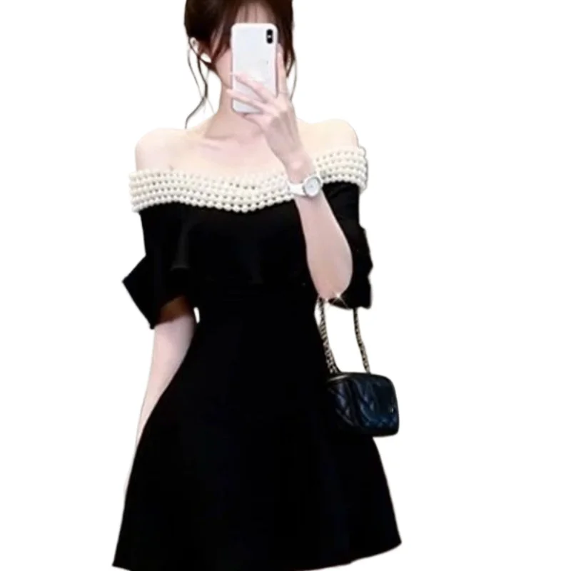 

Xiaoxiangfeng Temperament Commuting Black Beaded Shoulder Dress 2026 Summer New Waist Dress Short Skirt Women's Clothing Dresses