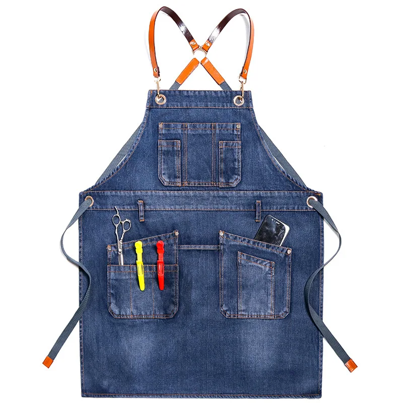 Casual Retro Denim Slanted Pocket Apron Men Women Barber Multi-Functional Work Clothes CoffeeShop Kitchen Stain Resistant Apron