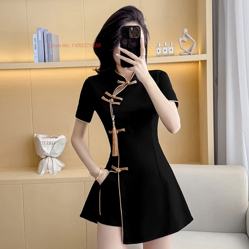 

2025 chinese sexy banquet dress qipao improved cheongsam dress+shorts set hotel spa work salon foot bath masseur nightclub dress