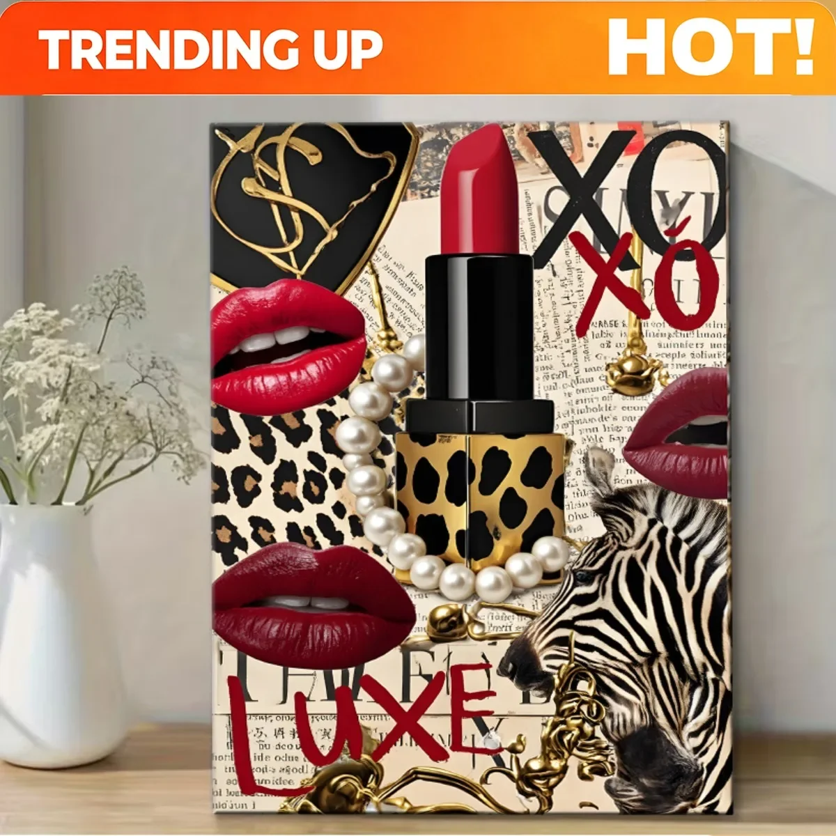 Custom 2D Flat, 1pc Framed Canvas Wall Art - Red & Beige Leopard Print Luxury Magazine Poster, Modern Chic Red Lipstick Suitable