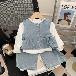 Spring fall children Girls' Cloth Outfits Sets T-shirt+Cowboy Vest+Jeans Suits for kids Girls' Clothes Baby Birthday Design Sets