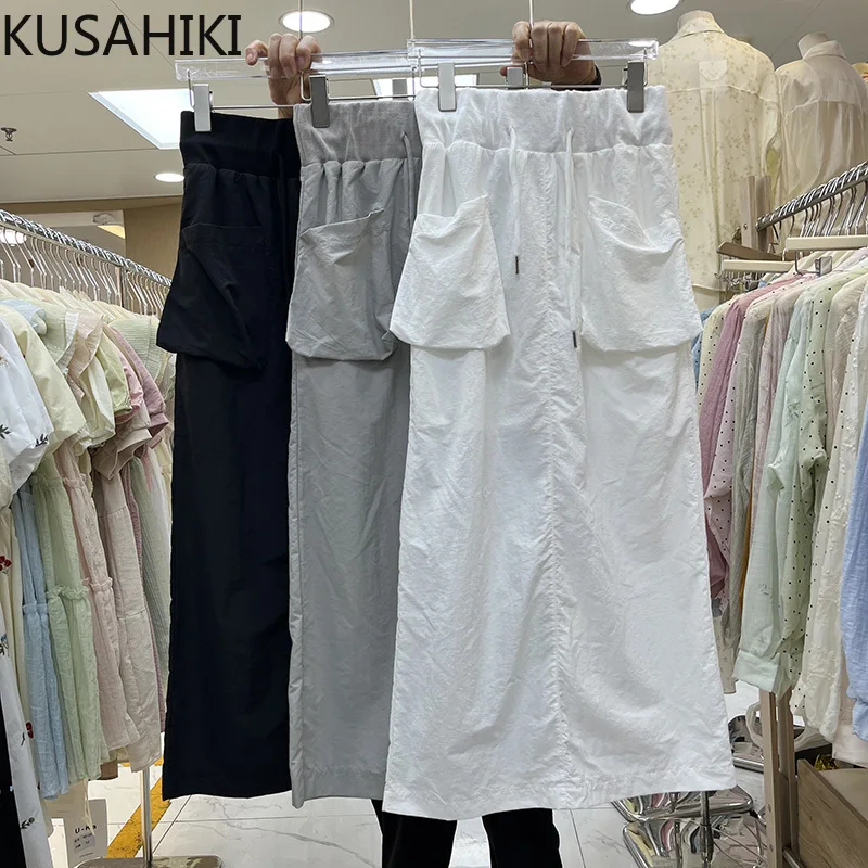 KUSAHIKI Korean Large Pocket Drawstring Elastic Waist Cargo Skirts Women's Thin Quick Drying Split A-line Mid Length Skirt