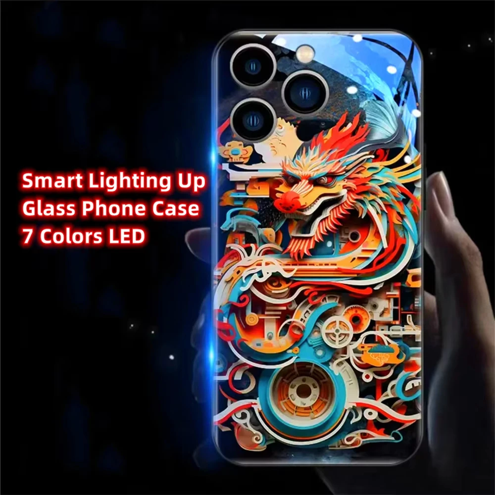 Origami Mechanical Dragon LED Calling Light Flash Phone Case For iPhone 16 15 14 13 12 11 Pro Max XR XS Plus 6 7 8 SE2020