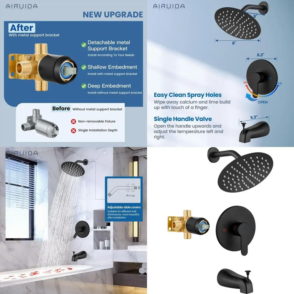 

Matte Black 8 Round Shower Head & Handle Set with Valve & Trim Kit for Bath Tub Faucet