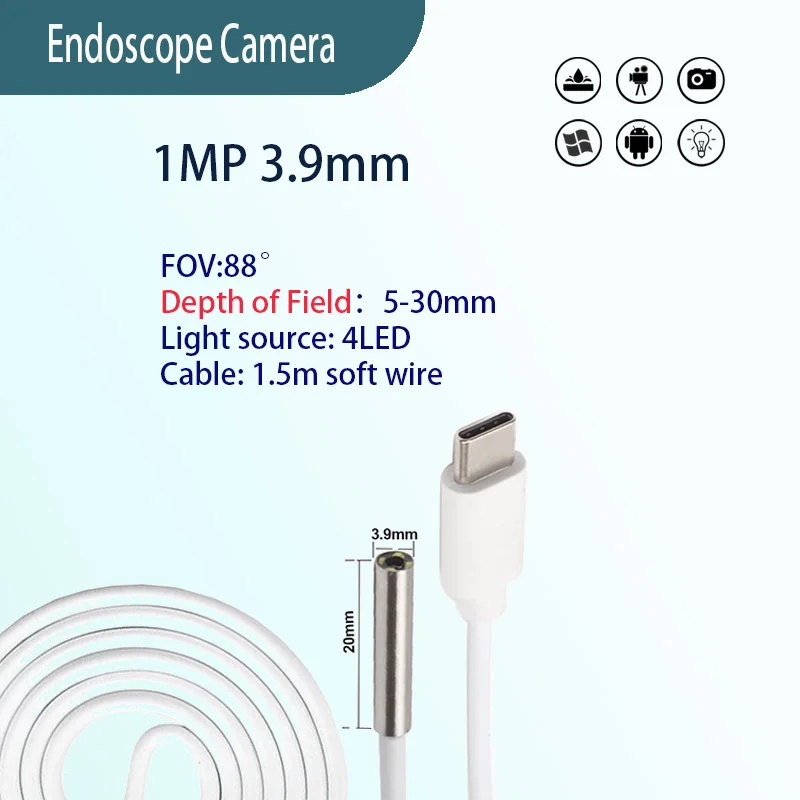 

1MP 3.9mm 88° Type-c Android System Endoscope Camera Industrial Pipeline Inspection 1.5m Soft Cord Close Focus Macro Endoscope