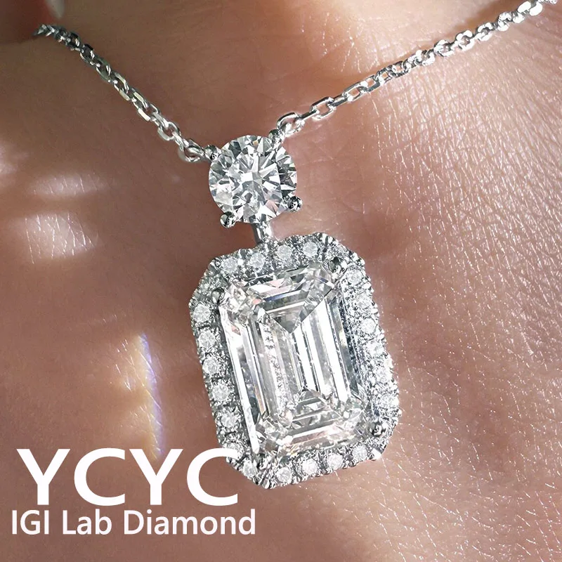 1-5Ct 100% 14k Gold White Necklace  Emerald Cut IGI Lab Grown Diamond Dainty Necklace Pendant ﻿