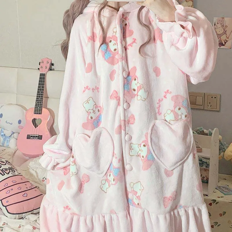 Plush Pajama My Melody Kawaii Thick Home Pajamas Autumn Winter Jacket and Trousers Two-Piece Set Pajama Thermal Robe Girl Gift