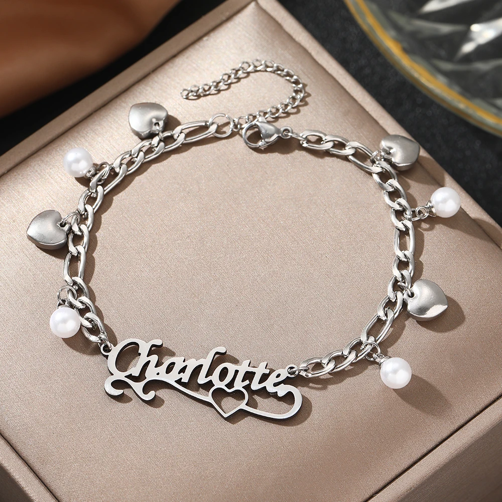 Personalized Name Bracelet Stainless Steel Handmade Nameplate Imitation Pearl Heart Bracelet Women's Men's Holiday Gift