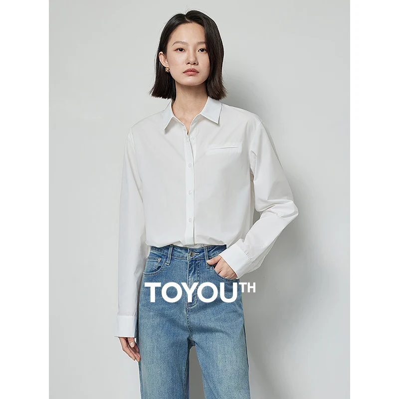 TOYOUTH Women Blouse Shirt 2024 Autumn New Turn Down Collar Long Sleeve Pocket Casual Blouse Tops