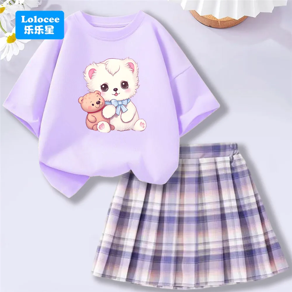 

Baby Girls Cartoon Bear T-shirt+ Pleated Skirt 2pcs Set Cute Print Princess Clothes Set Kids Party Kawaii Streetwear XWW1