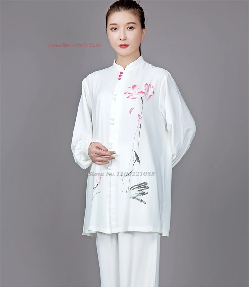 

2024 traditional chinese tai chi kung fu uniform national flower print training exercise wushu martial arts kung fu tops+pants