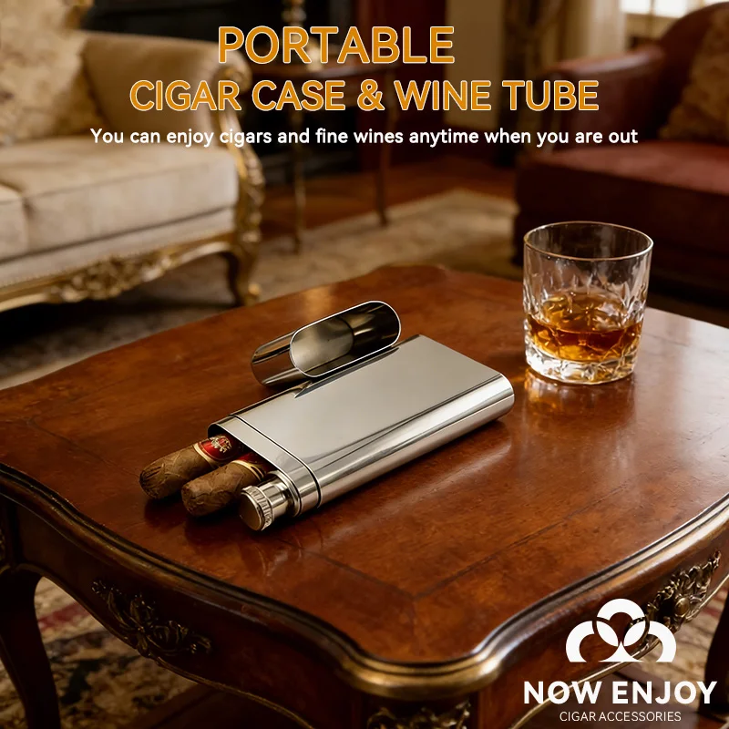 

Stainless steel cigar box wine tube Can hold 2 cigars and 2 Oz of wine Cigar moisture-proof tube wine bottle Portable for use