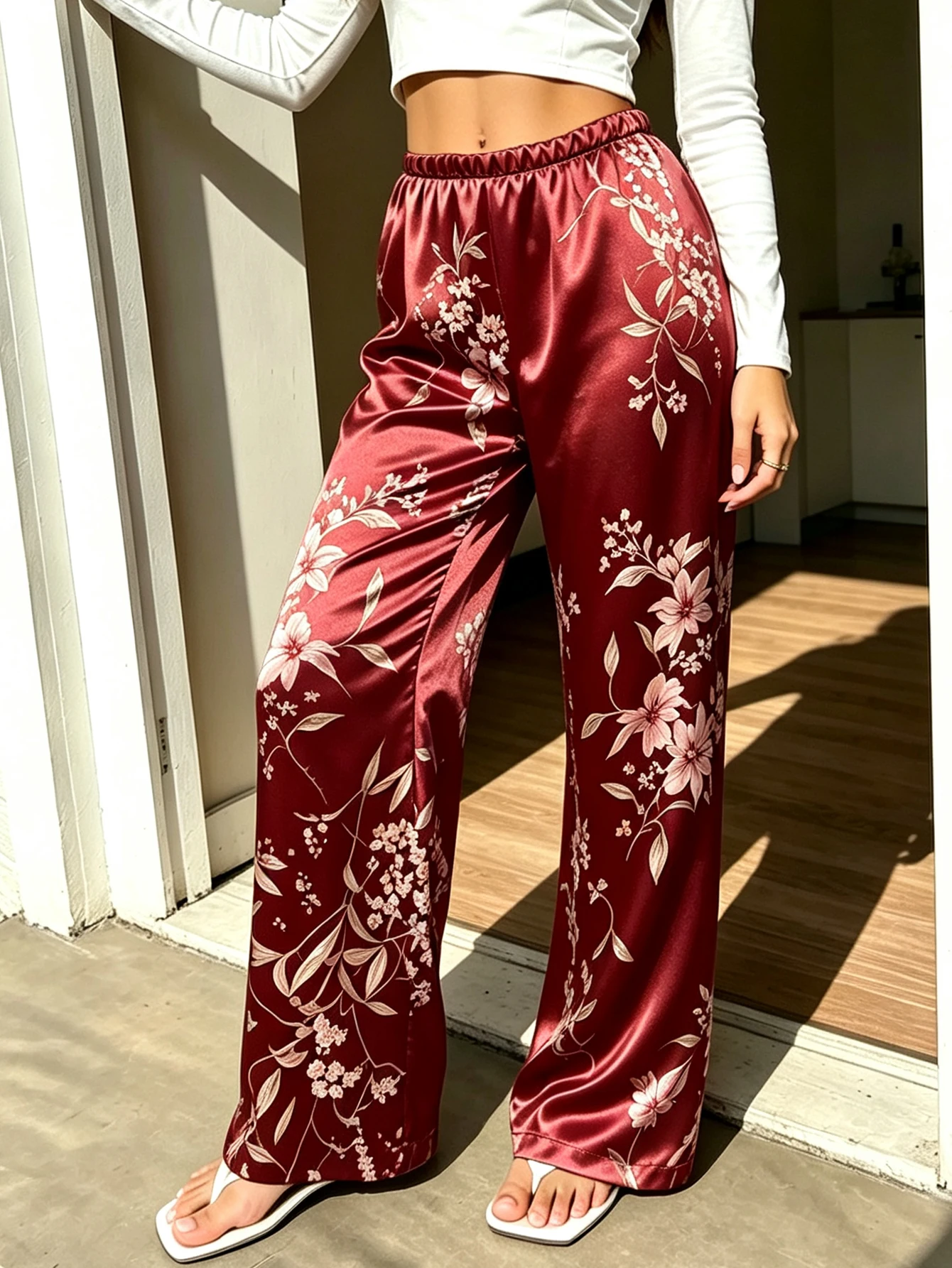 Satin Can Be Worn Externally. 1-Piece Vintage Women's Pajama Pants with Red Bottoms and Random Floral Prints, Versatile Style. Summer Thin Imitation Silk Satin Long Straight Pants, Suitable for Everyday Walking or Shopping