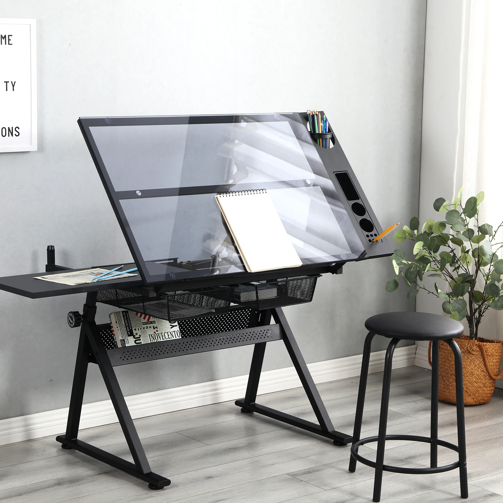 Регулируемый по высоте стеклянный стол с ящиком для хранения и табуретом 47,2-35,8 x дюймов черный [US-Stock]