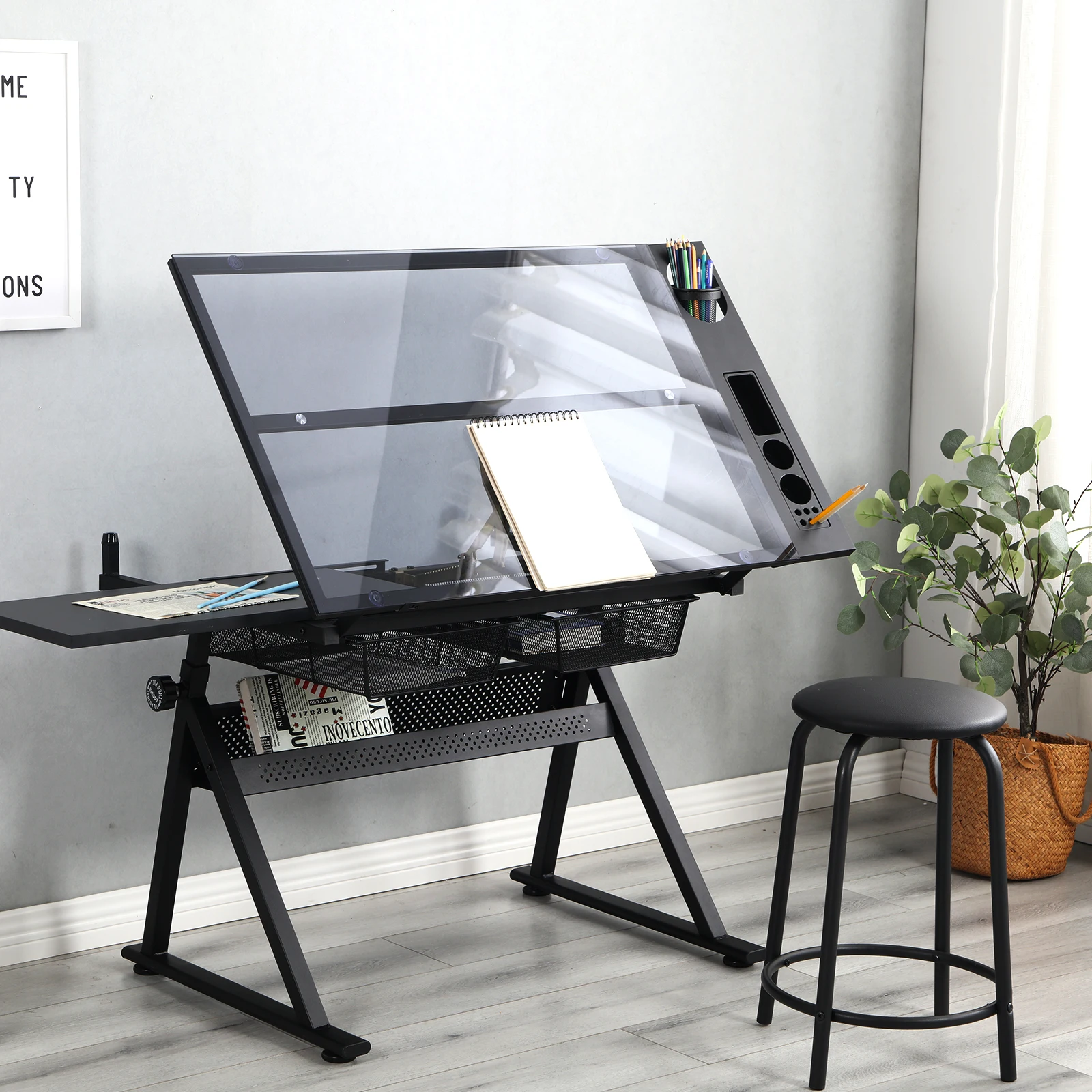 Height Adjustable Glass Top Drafting Table with Storage Drawer and Stool 47.2-55.1x23.6x27.4-35.8Inches Black[US-Stock]