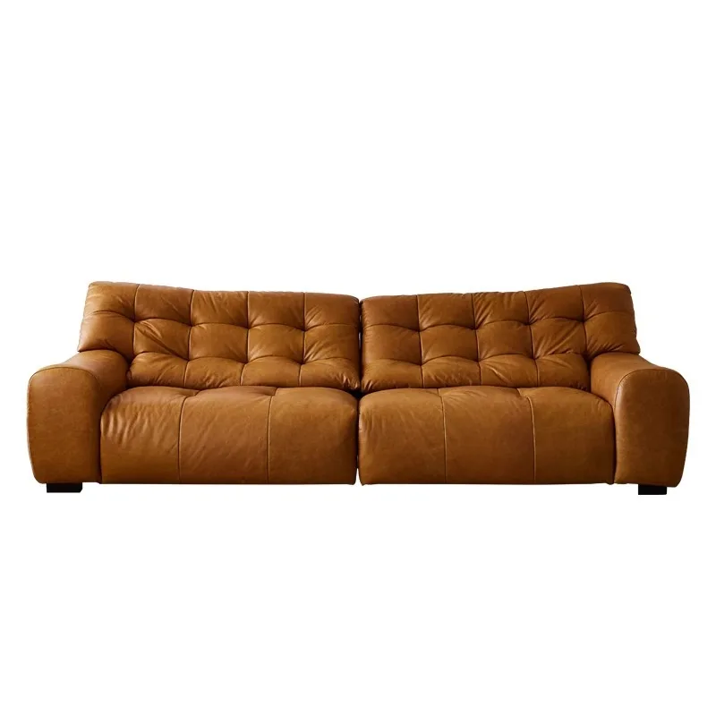 

French minimalist designer first layer cowhide small apartment living room retro medieval leather sofa