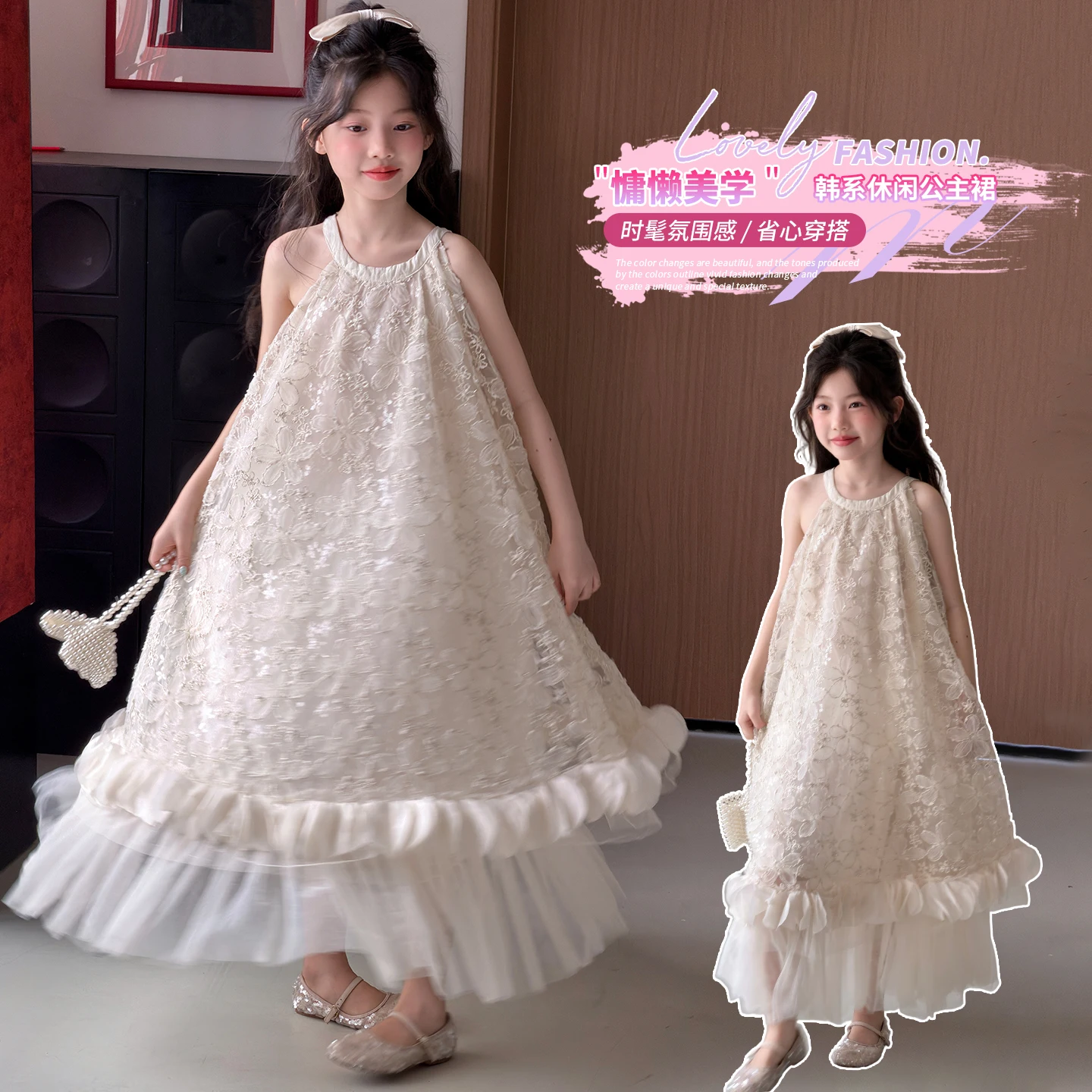 Robe d'été princesse une pièce pour filles, sans manches, col halter, blanche, pour 6-14 ans, mode enfant, longueur cheville