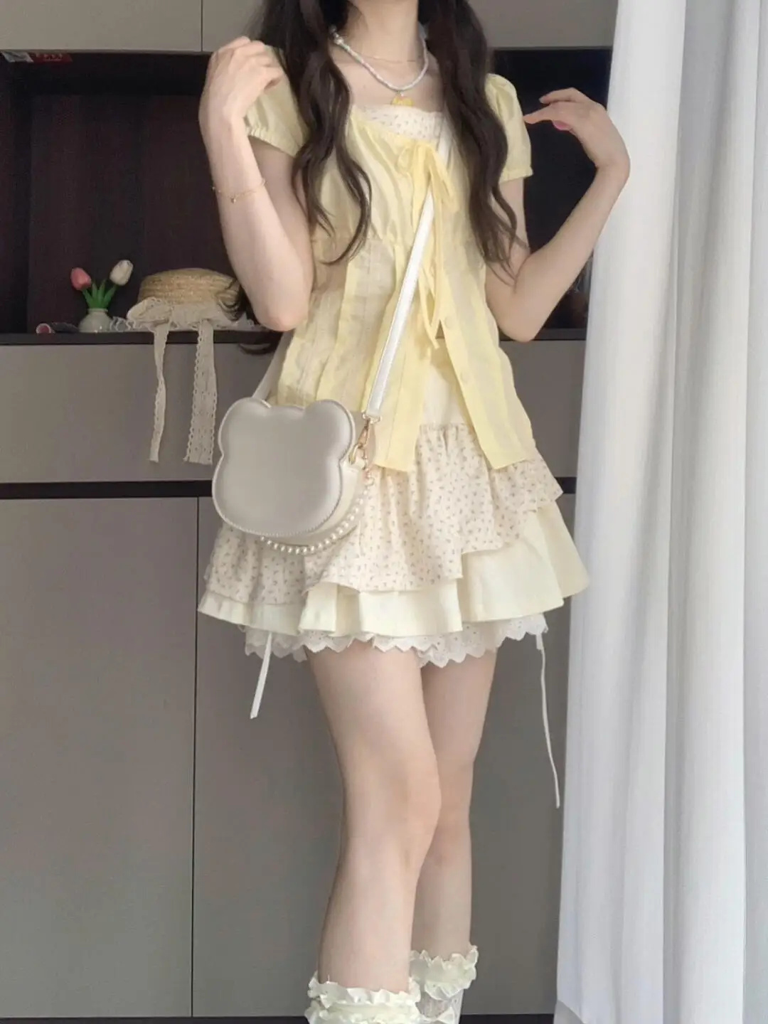 

Summer Floral Print ort Sve Top And Skirt Set Women's Sweet Girl Tea Theme Faion Outfit f-length Skirt Two-piece Set