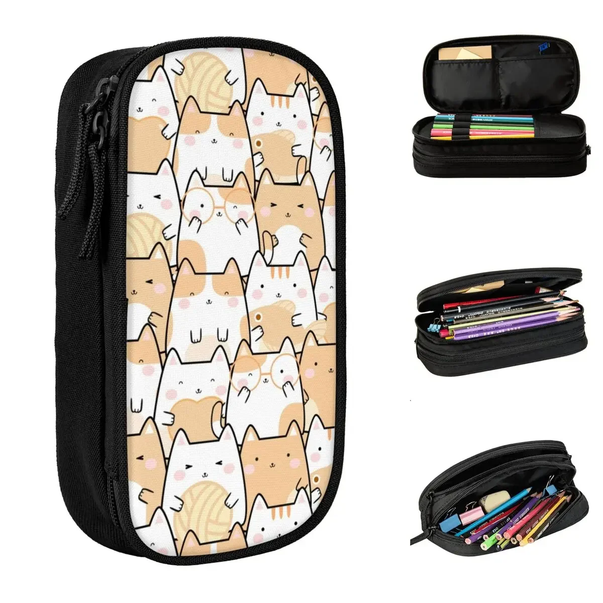 Estuches de lápices naranjas con diseño de gatos bonitos Kawaii, bolsas porta bolígrafos para estudiantes, gran capacidad, cosméticos escolares para estudiantes