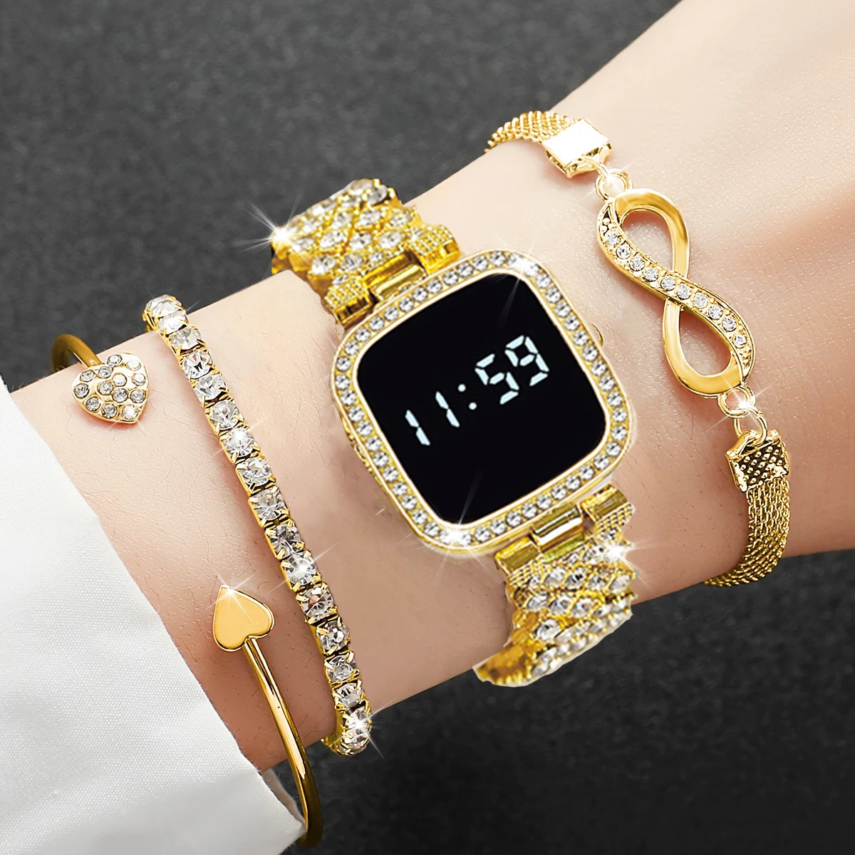 4 قطع/مجموعة ساعات نسائية ذهبية فاخرة وسوار وساعة رقمية، هدية ديكور يومي للعطلات